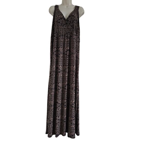 Vintage Iolani Tribal Pint Sleeveless Maxi Hawaiian Dress Size 1X Brown Jersey - Picture 2 of 10